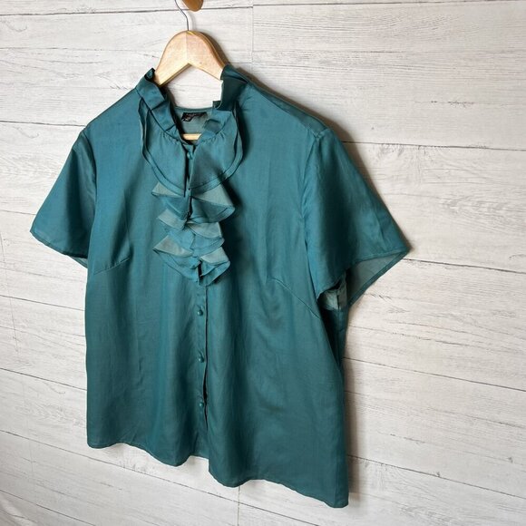 Talbots Top Womens Size 14W Dark Teal Ruffle Silk Blend Button Down Blouse - Picture 4 of 16